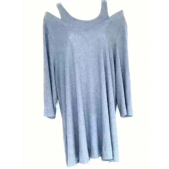 Catherines Knit Cold Shoulder Tunic 1X 3/4 sleeve stretch gray blue - Picture 1 of 6